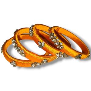 Vintage Indian Orange Silk Thread Kundan Bangles Rhinestone Embellished 2.47"